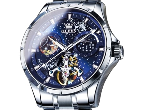 VEANXIN Reloj Tourbillon luminoso de acero inoxidable con fase lunar, mecánico, automático, hueco, resistente al agua, para hombre(plata)