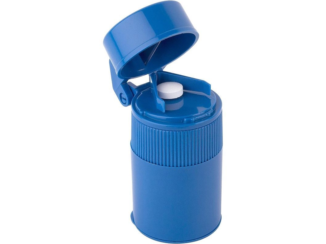 Cortador y triturador de pastillas 2026, color azul, 1 unidad con compartimento de almacenamiento y vaso para beber.