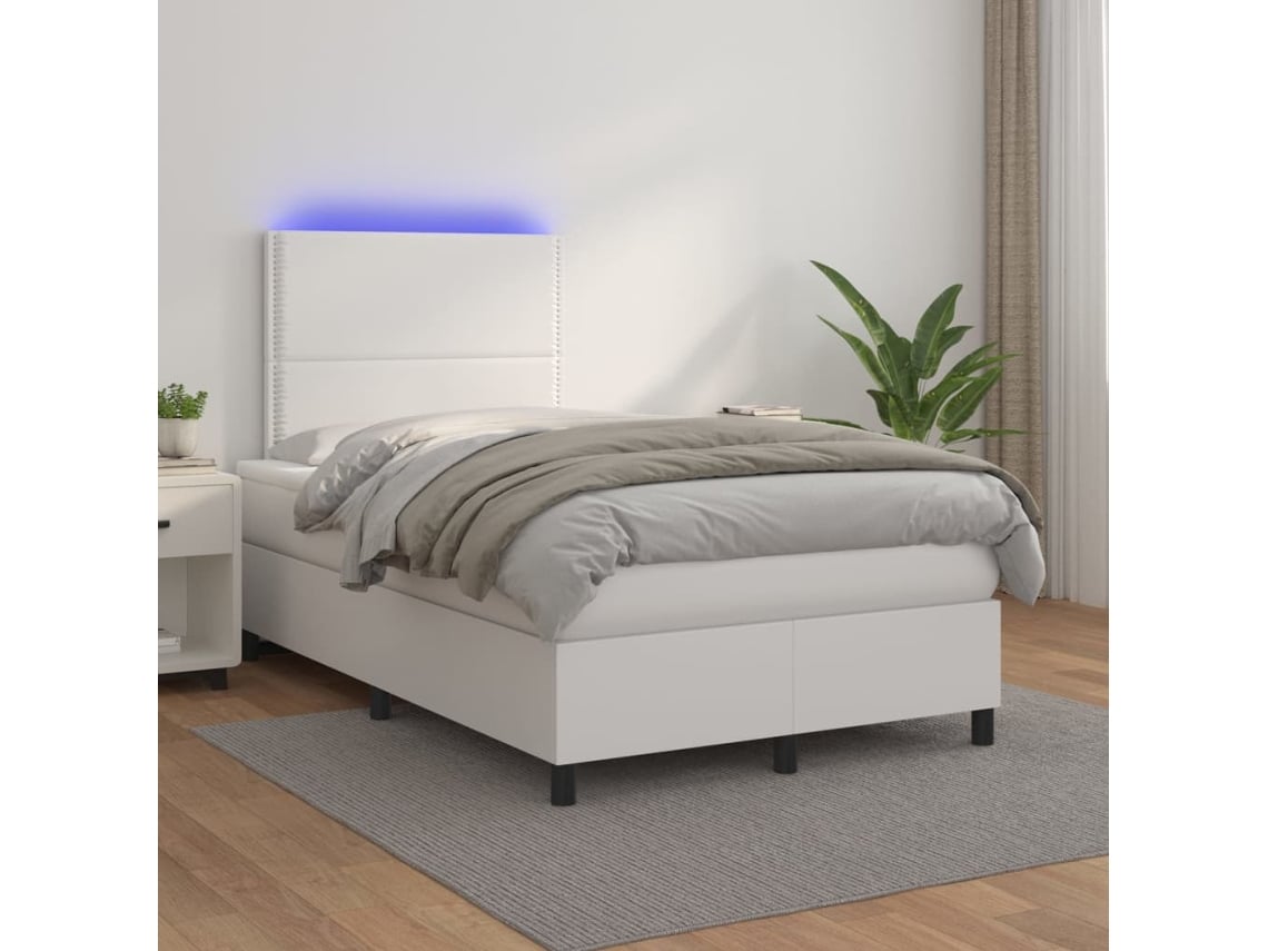 Cama Box Spring Colchón Y Led Cuero Sintético Blanco 120x200 Cm