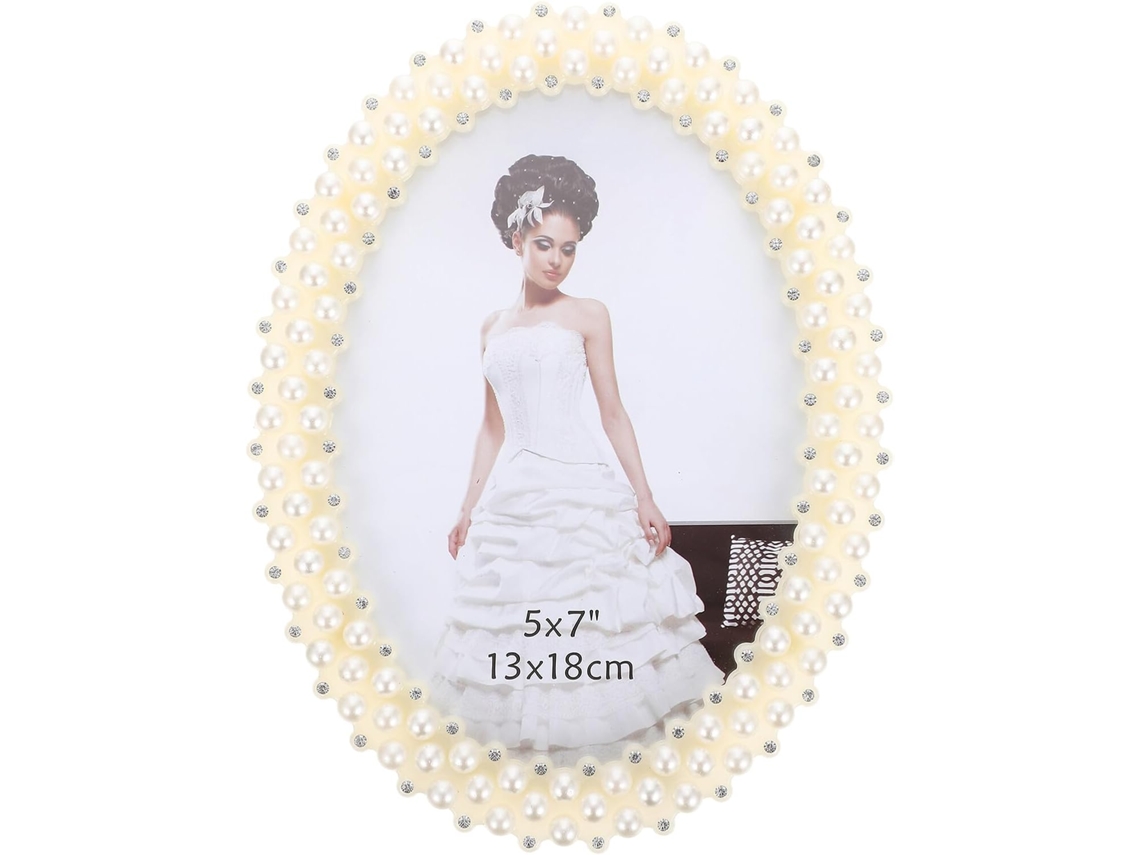 Marco Fotos Ovalado Incrustaciones Perlas Blanco Tamaño 7 Pulgadas Soporte Decorativo Conmemorativas