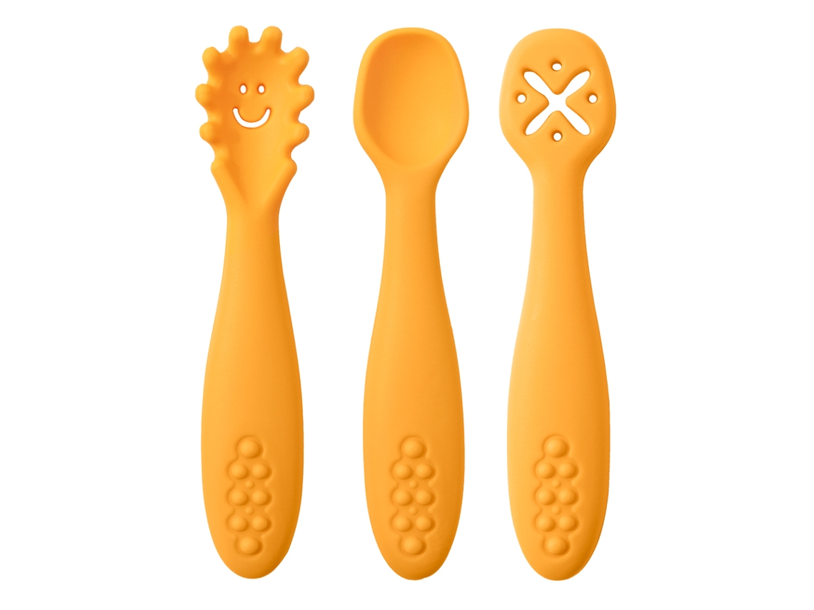 (amarillo) Juego De Vajilla De Silicona Para Bebé De 3 Piezas, Que Incluye Una Cuchara Suave Y Un Tenedor.