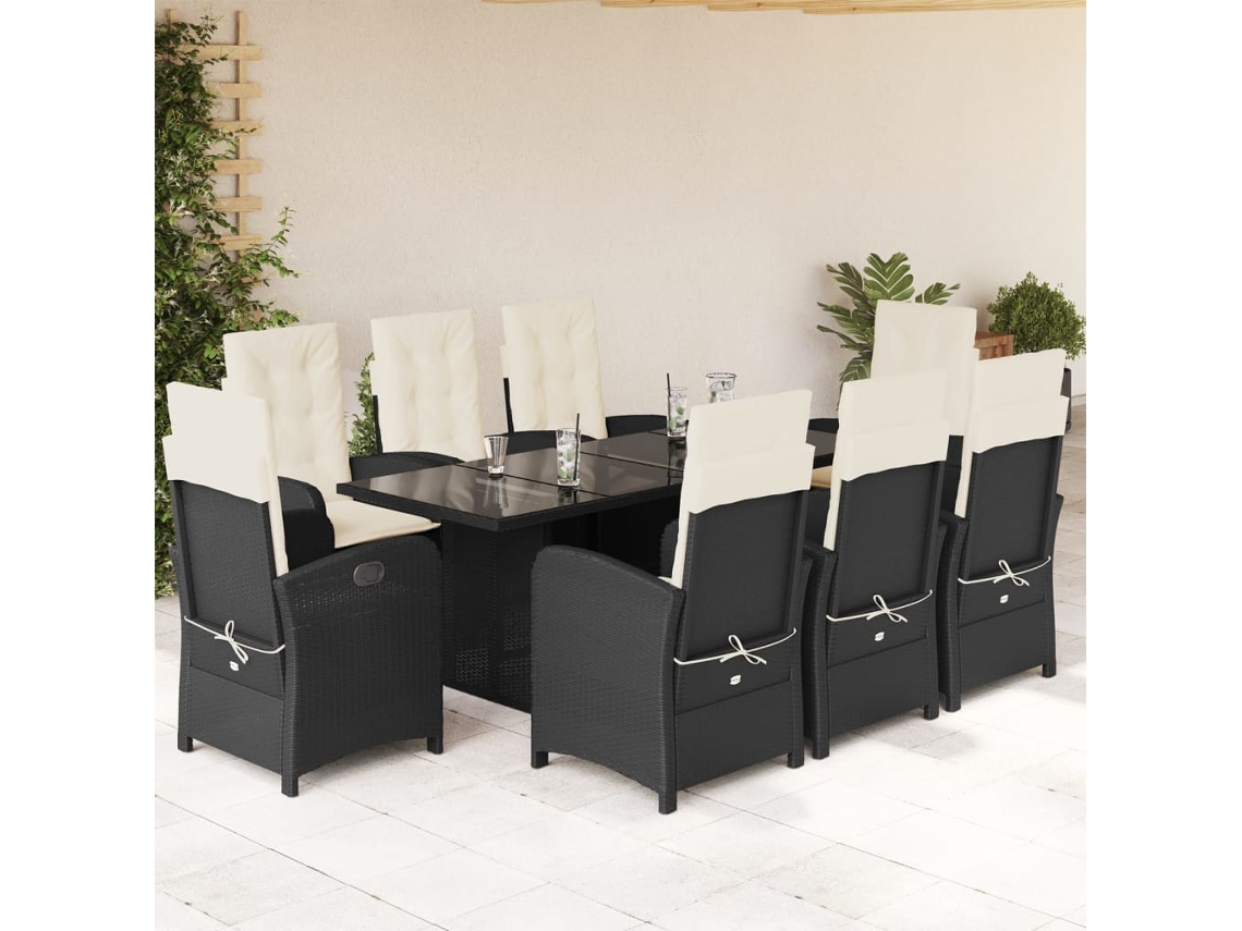 Juego de comedor de jardín de 9 piezas con cojines, mimbre sintético negro, DKD Home Decor