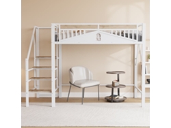 Cama Alta Metálica 140 X 200 Cm - Diseño De Caja Única Con Ventana, Con Escalera De Seguridad, Gran Espacio De Almacenamiento Bajo La Cama - Blanco