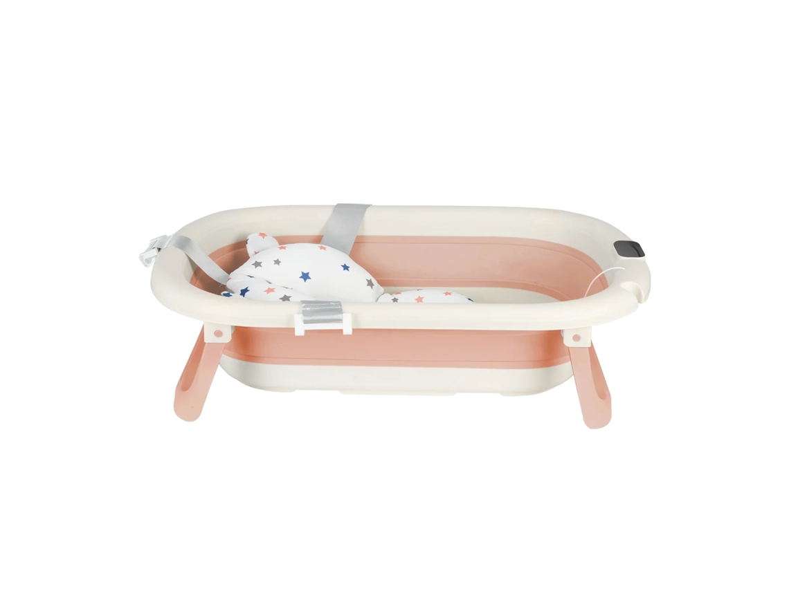 Bañera para bebé, cojín de baño suave, termómetro integrado, rosa.
