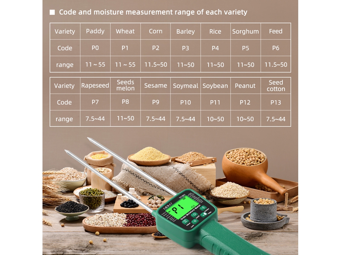 Higrómetro Digital De Cereales Medidor De Humedad De Granos Con Alarma Vocal Sonda Metalica Para Maíz Arroz Trigo Frijoles