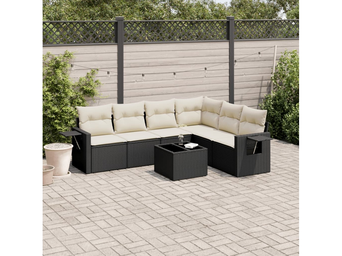 Conjunto de sofá de jardín de 7 piezas con cojines, ratán negro, Dkd Home Decor