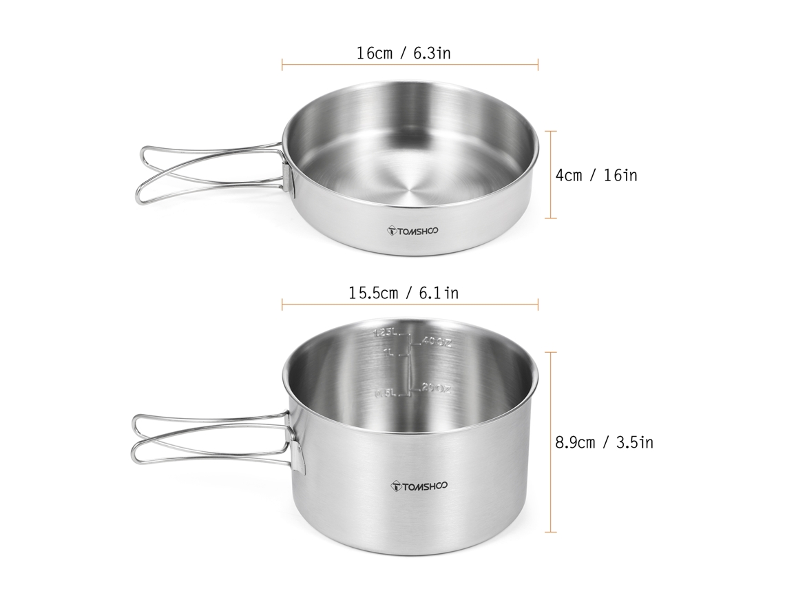 Juego De Utensilios De Cocina Para Acampar Tomshoo De 2 Piezas De Acero Inoxidable Con Asas Plegables Y Bolsa De Malla.