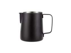 Taza de acero inoxidable negra para latte art con boquilla, vaporizador de café y escala graduada. Sfushos
