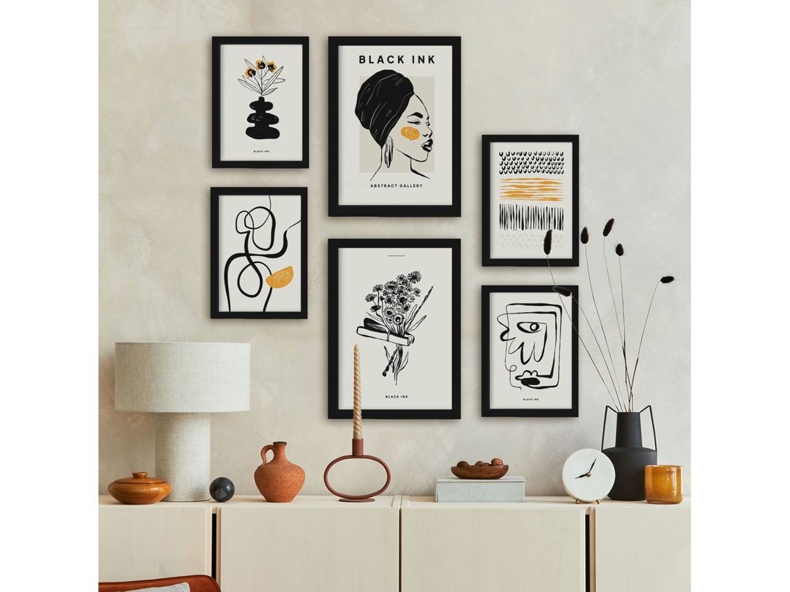 NACNIC Set De 6 Posters En Tinta Negra Natural Láminas Artísticas Y Abstractas Para El Diseño Y Decoración De Interiores Tamaños A3 & A4 Marcos Negros