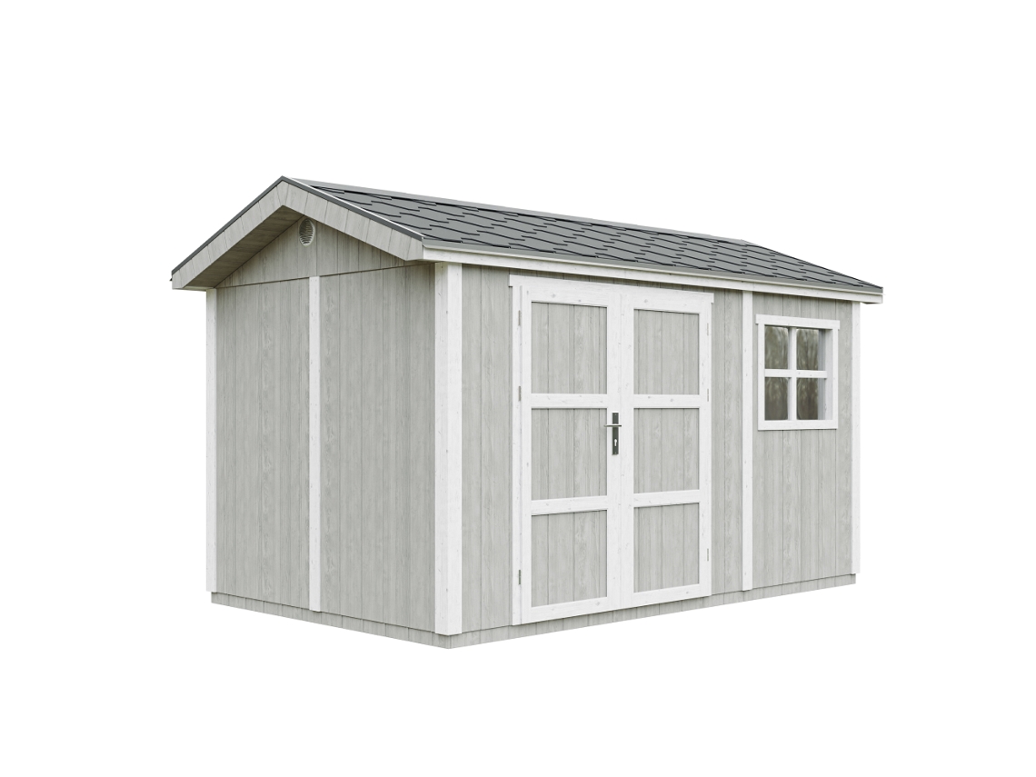 Caseta de jardín de primera calidad de 8,68 m² (alto x ancho x alto): 252 x 250 x 412 cm, con suelo y baldosas bituminosas Timbela M914a, color gris tundra.
