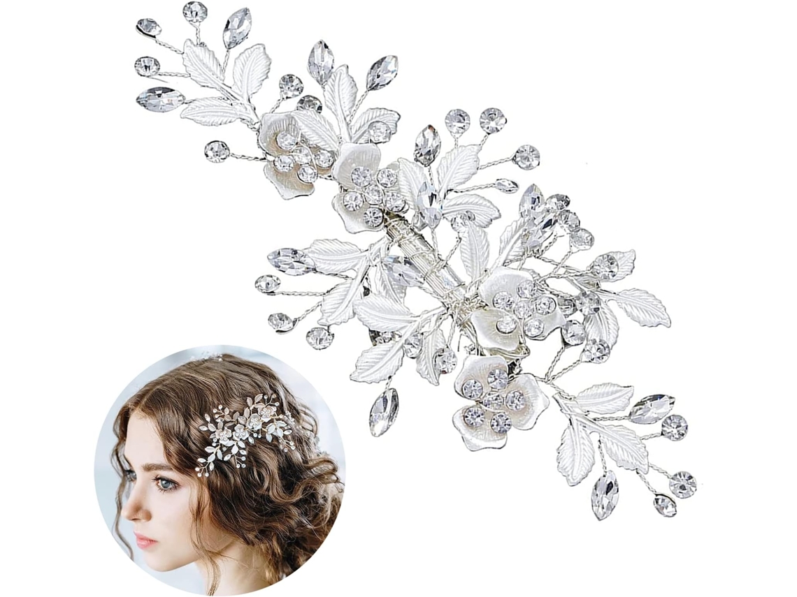 Adorno para el cabello de cristal con perlas brillantes y piedras de circonita, accesorios para el cabello para mujeres y niñas (plateado)
