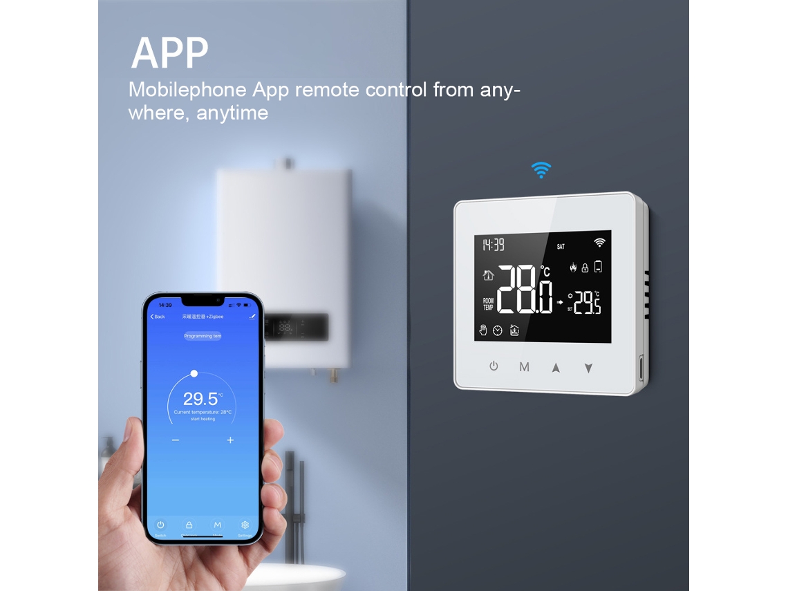 Termostato inteligente Zigbee con pantalla LCD para calderas de gas y agua, compatible con Alexa y Google Home.