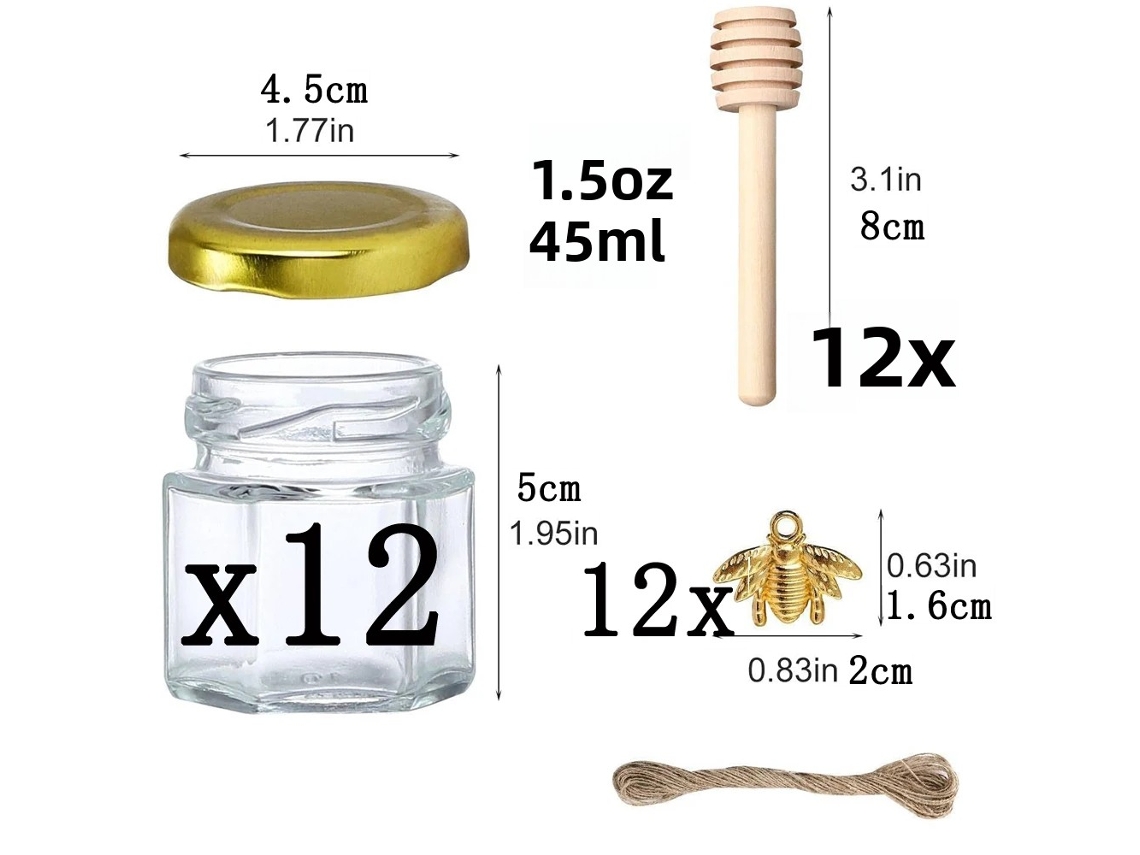 Tarros de miel hexagonales pequeños de 42,5 g con cuchara de madera y colgante de abeja Mdug (paquete de 12)