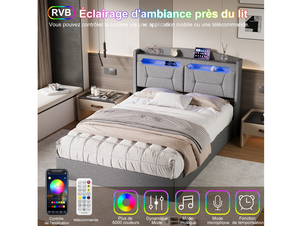 Cama Doble De 140 X 190 Cm, Puerto Usb, Cama Con Almacenamiento, Cama Juvenil, Cama Para Adultos, Gris, Lino, Sin Colchón