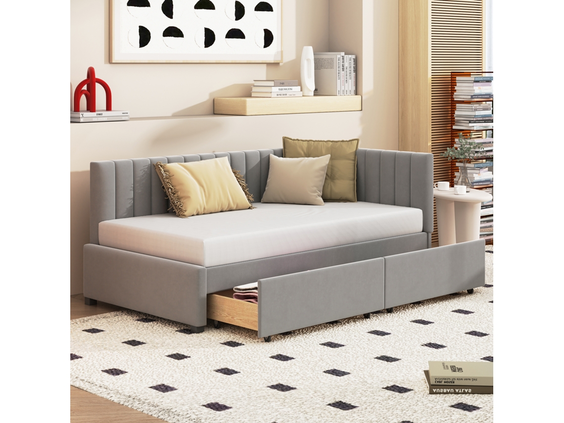 Sofá cama tapizado en terciopelo de 90 x 200 cm con 2 cajones grandes y somier de láminas gris.