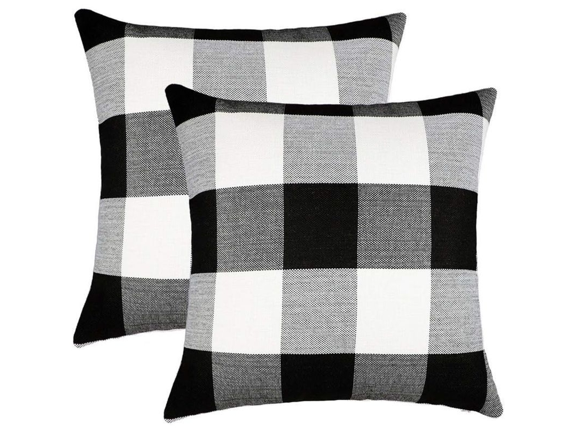 2026-41215-2 Fundas De Almohada De Cuadros Bufalo Estilo Rural, Tela Poliéster Lino, 45x45 Cm, Decoración De Otoño, Negro Y Blanco