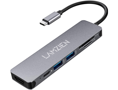 Hub LAMZIEN TYPE-C 3.0 6 in 1 (USB 3.0 - USB-C - HDMI - SD - 6 Puertas - Gris)