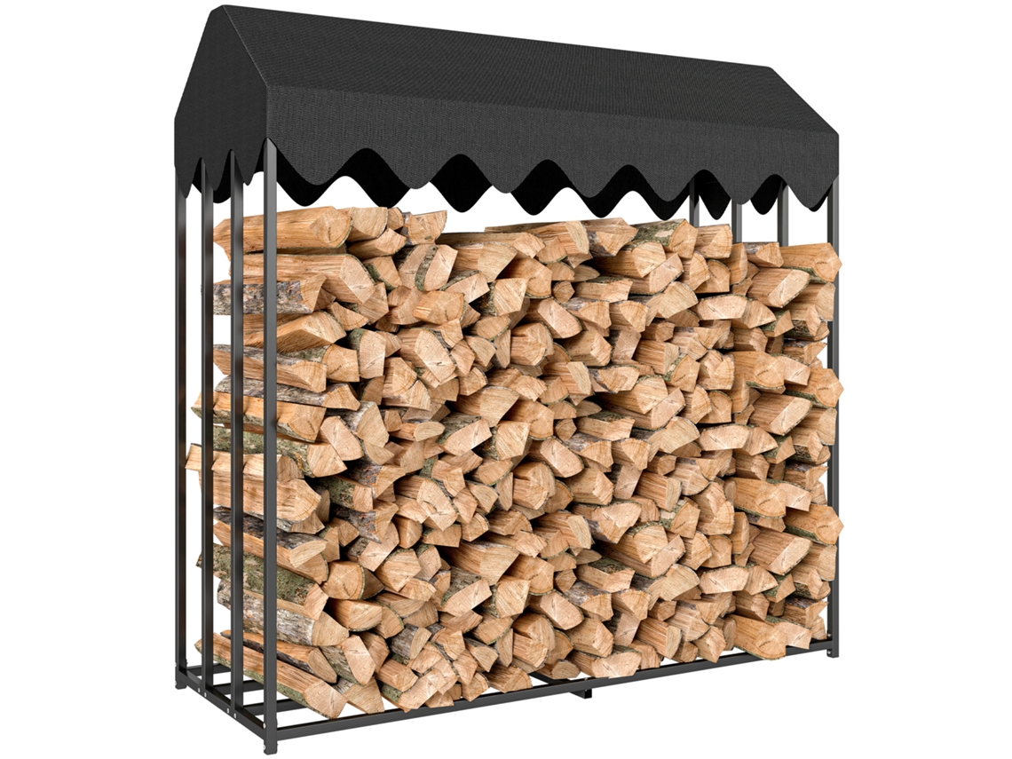 Estante Para Leña De Exterior, Con Tapa Protectora, Tejido Oxford 600d, Capacidad De 1,9 M³, Acero, 186x70x185cm, Negro.