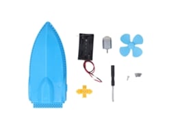 Barco elétrico de brinquedo faça você mesmo com hélice para projetos escolares científicos infantis. Barco aerodinâmico.
