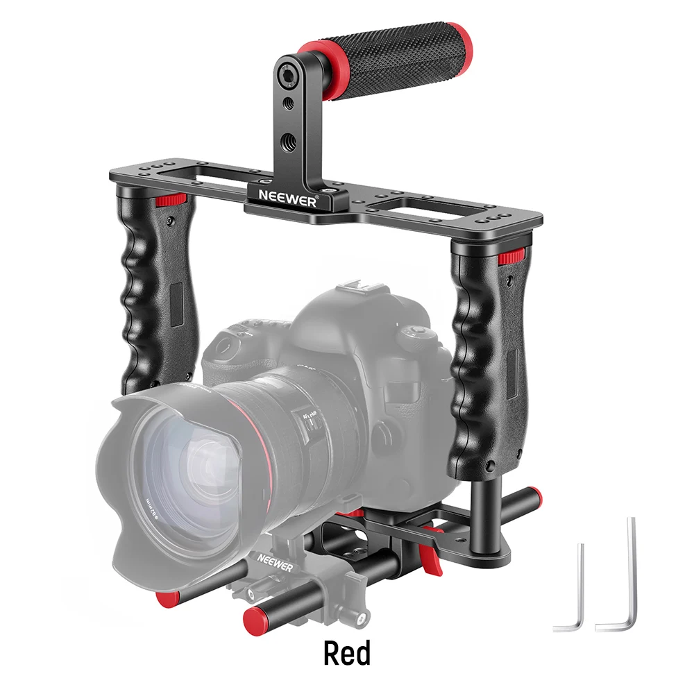 Jaula para cámara de vídeo con asa superior y dos empuñaduras, kit de producción cinematográfica para DSLR, colores negro y rojo.