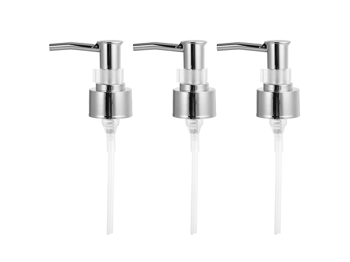 Frasco de perfume plateado con dosificador para champú y acondicionador.