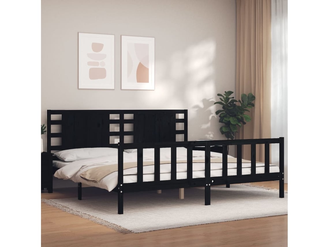 Estructura De Cama Con Cabecero Madera Maciza Negro 200x200 Cm