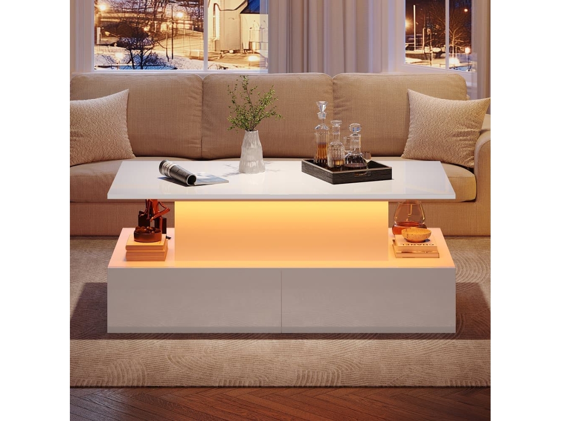 Mesa De Centro Moderna 90x55x41 Cm - Con Iluminación Led Y 4 Cajones - Blanco Brillante