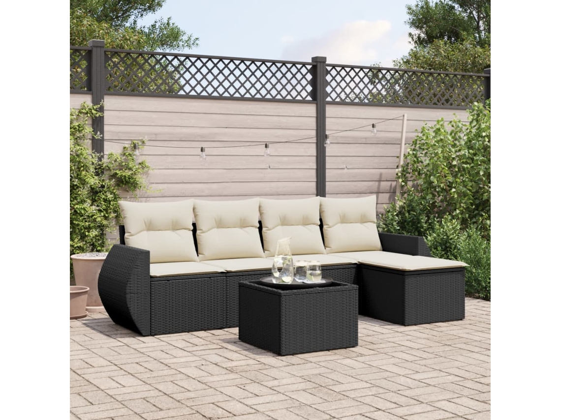 Conjunto de sofá de jardín de 6 piezas con cojines, mimbre sintético negro, DKD Home Decor