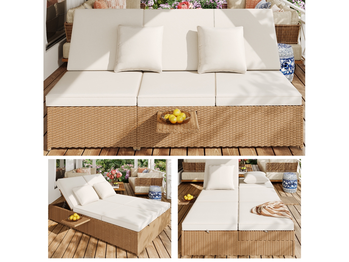 Tumbona Doble,ratán,sofá,impermeable,plegable,cojín,blanco