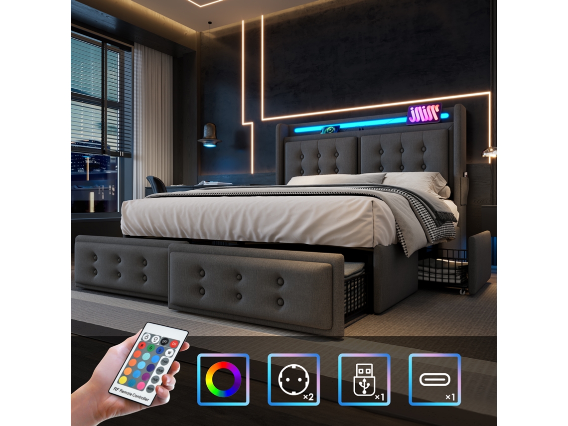 Cama Tapizada 160x200, Cama Doble Con Cabecero Led Y Usb C Y 4 Cajones, Camas De Almacenaje, Grises, Sin Colchón