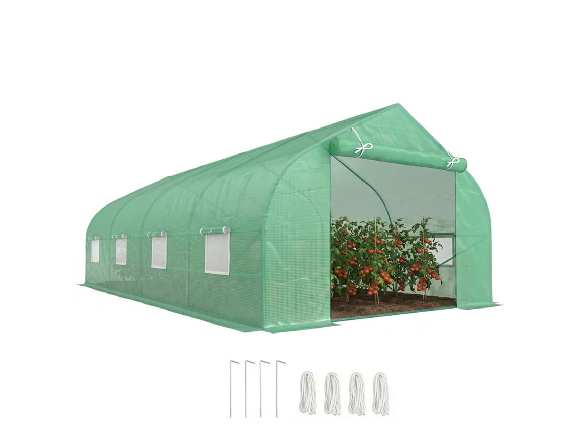 Estufa Tipo Túnel De Jardim 600x300x200cm Para Cultivo De Plantas Verduras Com 8 Janelas E Porta Enroláveis Com Zíper Aço Verde