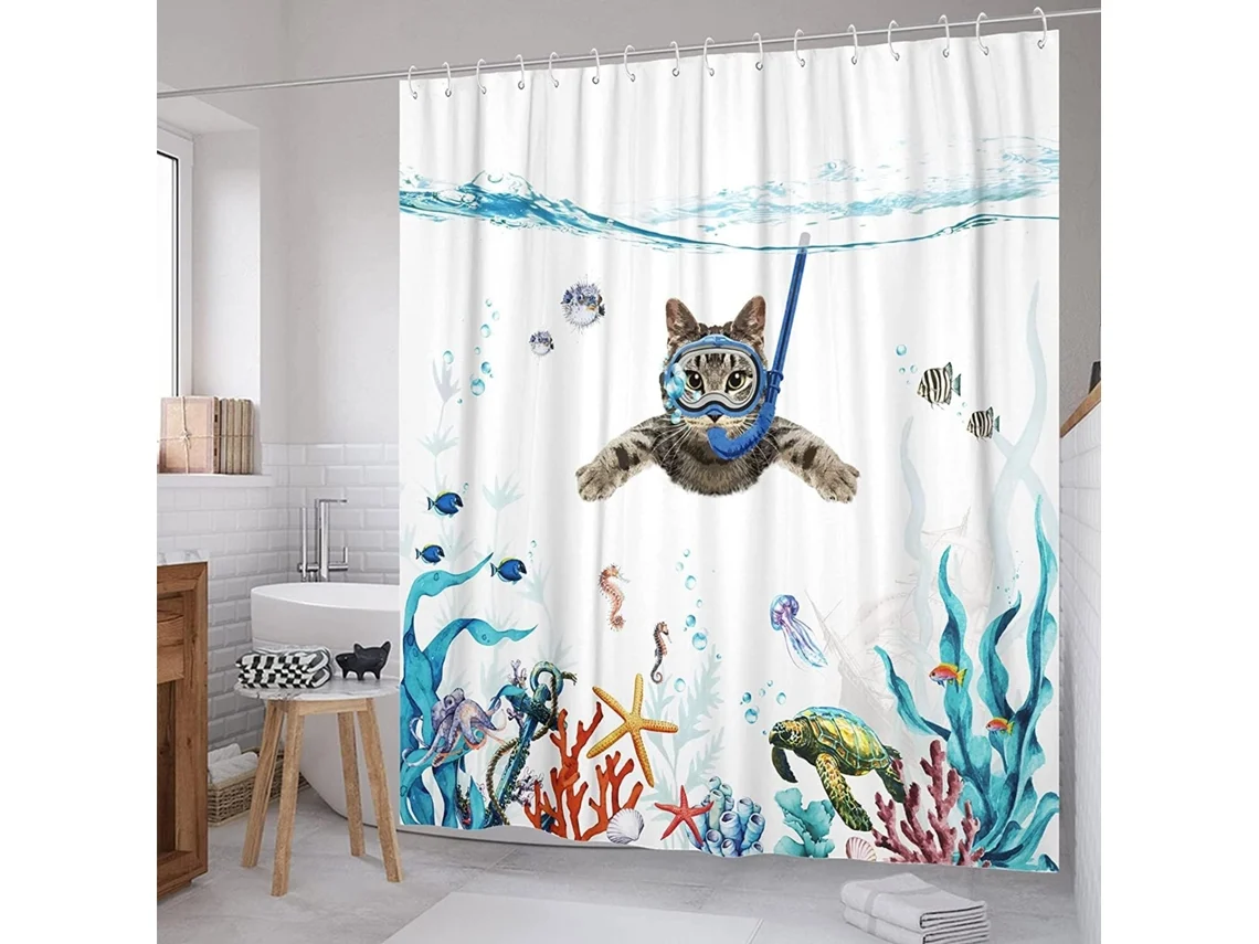 Cortina de ducha MH 180 x 180 cm, diseño de gato marino buceador, impermeable, Jortmrd