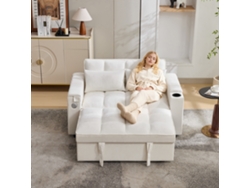 Sofá cama 140,5 x 74 x 82 cm - 3 en 1, con respaldo ajustable, puerto USB, mesa oculta, portavasos - Beige