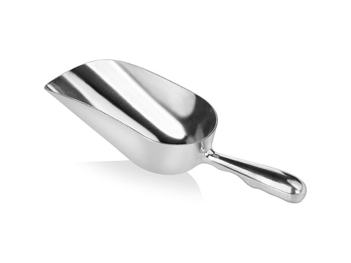 Herramienta para cubitos de hielo de aluminio fundido con base redonda, cuchara, color plata, 22 x 6 cm, duradera, mango cómodo.