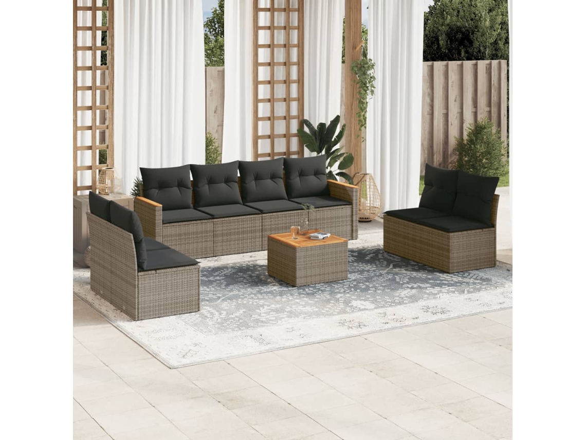 Conjunto de sofá de jardín de 9 piezas con cojines, mimbre gris, DKD Home Decor