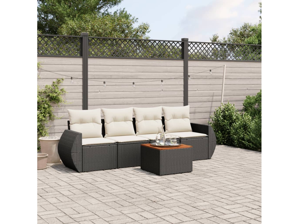 Conjunto de sofá de jardín de 5 piezas con cojines de mimbre sintético negro, Dkd Home Decor