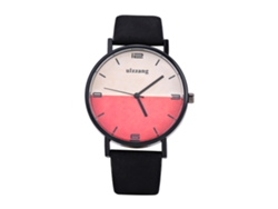 Reloj de pulsera analógico de cuarzo redondo con correa de poliuretano (esfera negra, correa blanca y roja).