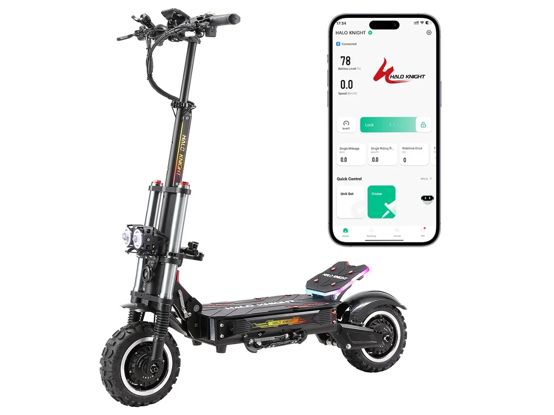 Patinete eléctrico Halo Knight T107 Pro Edición 2025, 2x3000w, 60v, batería de 38.4ah, velocidad máxima 95 km/h, autonomía 80 km, suspensión hidráulica.