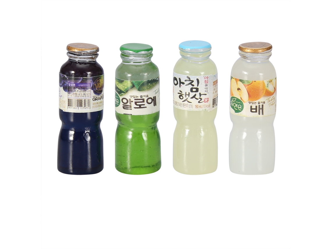 Juego de 4 botellas de zumo en miniatura a escala 1:12 para decoración de cocina.