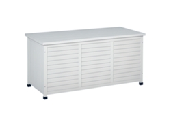 Baúl de almacenamiento exterior, madera impermeable, tapa abatible, rejilla de ventilación, 284 L, 127 x 56 x 60 cm, blanco