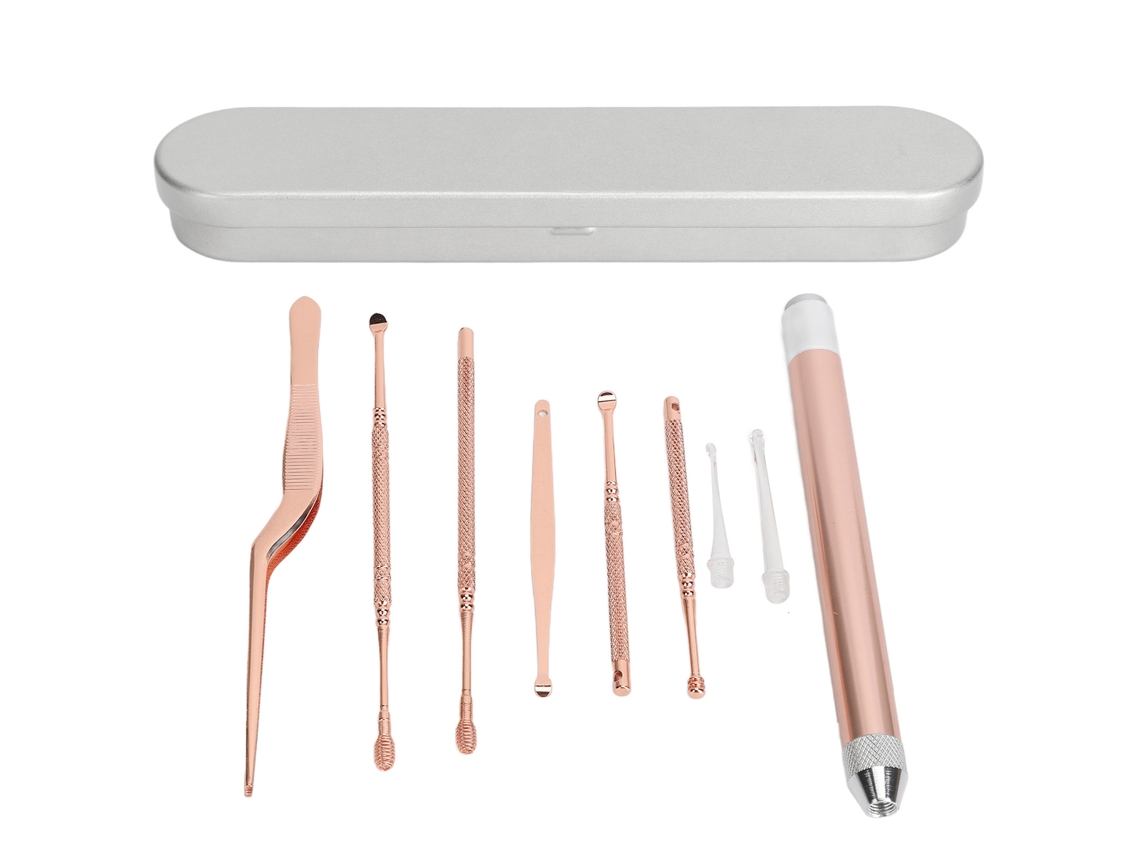 Kit De Limpieza De Oídos Con Luz Led - Oro Rosa Para La Eliminación De Cerumen, Ideal Para El Hogar Y Los Viajes.