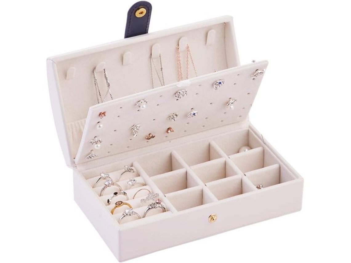 Organizador de joyas de doble capa de piel sintética 2026 para collares y anillos, blanco, para viajes