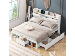 Cama Doble 140x190 - Multifuncional Con Usb, Cajones Y Armario, Gran Almacenamiento - Blanco