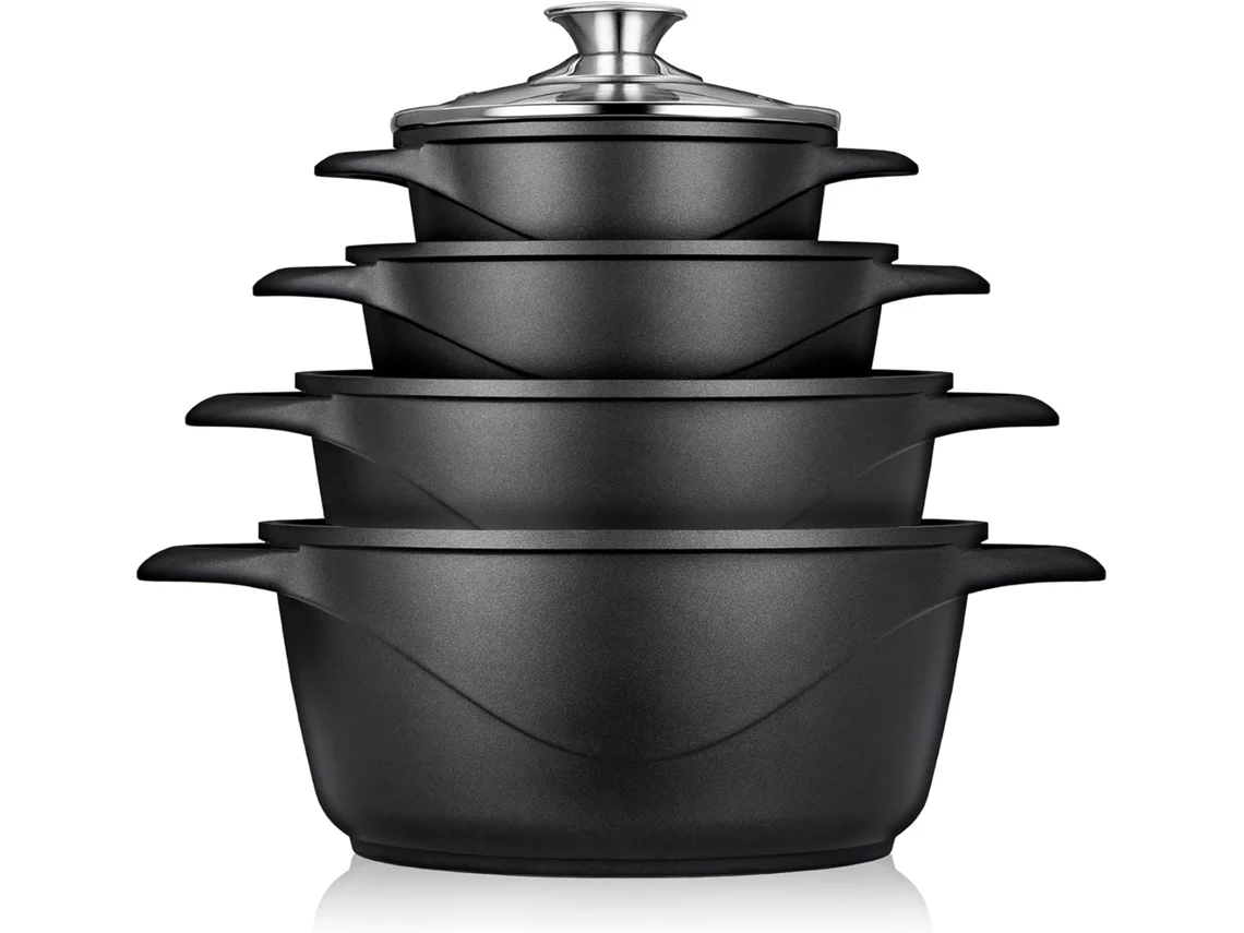 Batería De Cocina Inducción 8 Piezas Aluminio Fundido 4 Ollas Con Tapa De Cristal Antiadherente Briebe Mgk-12 Negro