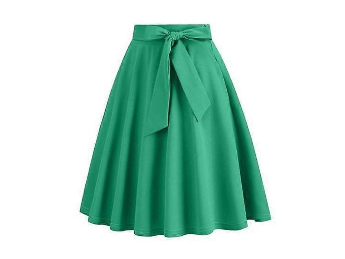 Falda línea A para mujer con cintura alta con moño y volante, tela ligera para verano, fiesta y cita verde M