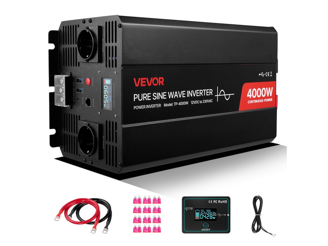 Inversor de potencia Vevor de 4000 W, 12 V CC a 230 V CA, onda sinusoidal pura