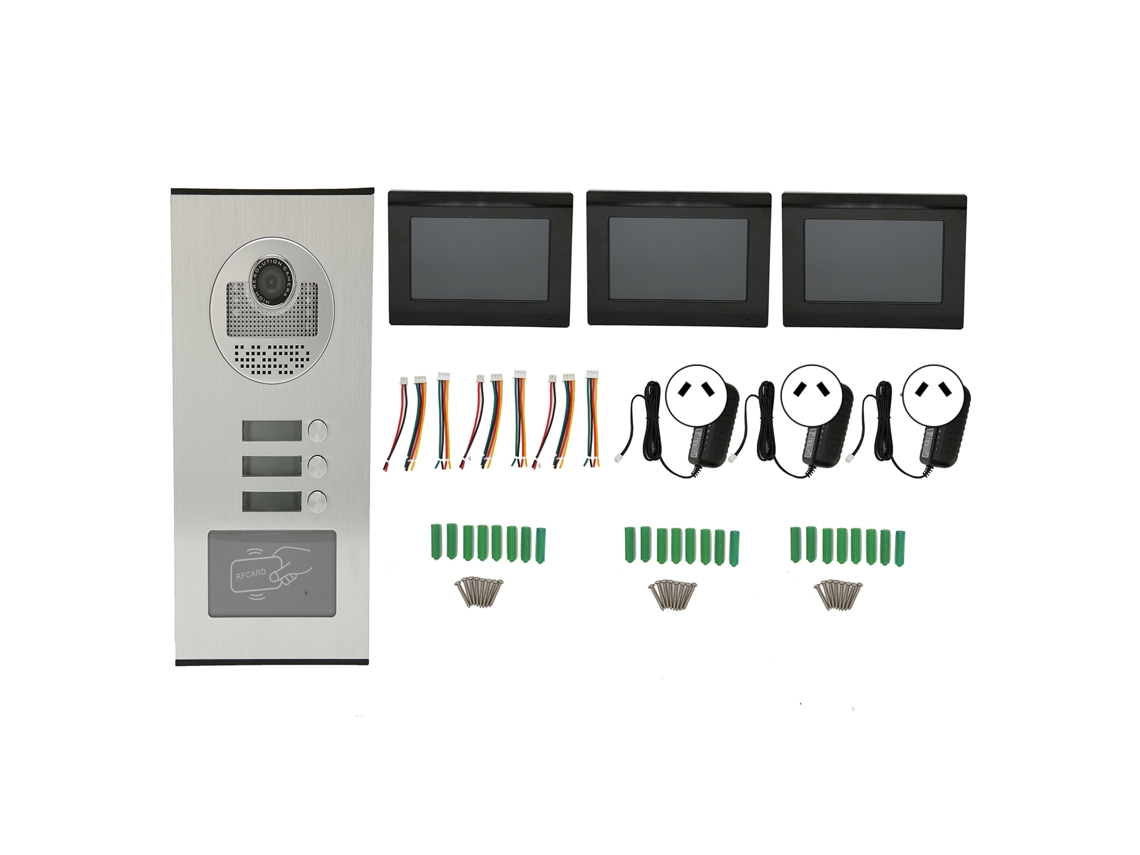 Sistema de videoportero con cámara HD, monitor de 7 pulgadas, RFID, filtro IR y luz dorada.