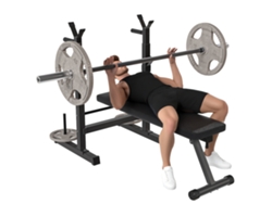 Banco de pesas plegable multifuncional con soporte para barra ajustable y estación de fondos 98 122x140x73 cm Negro