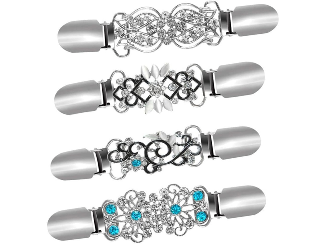 Juego De 4 Pinzas Para Ropa De Aleación De Plata Adornadas Con Cristales Para Suéteres, Cárdigans Y Chales.