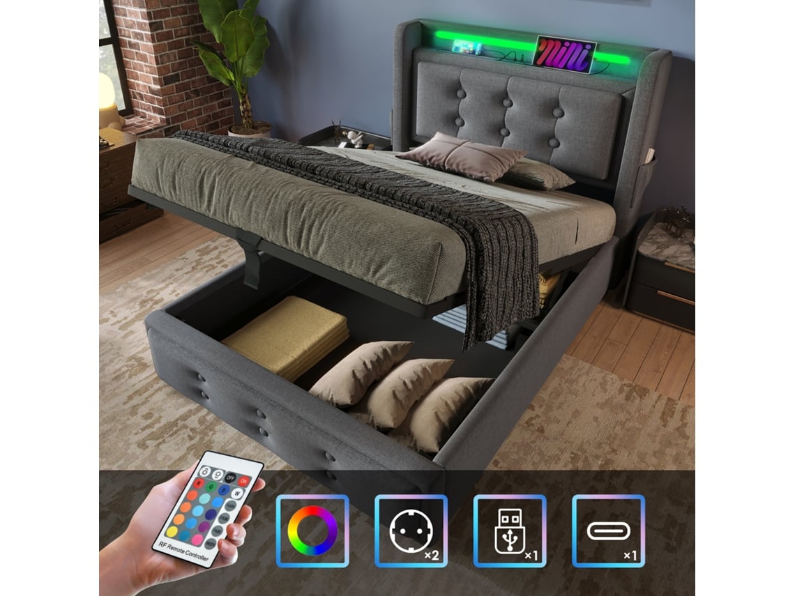 Cama Gris De 90x200 Con Led Y Usb-c